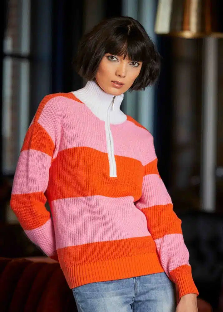 Elena Wang Top Striped Zip Sweater Orange Pink